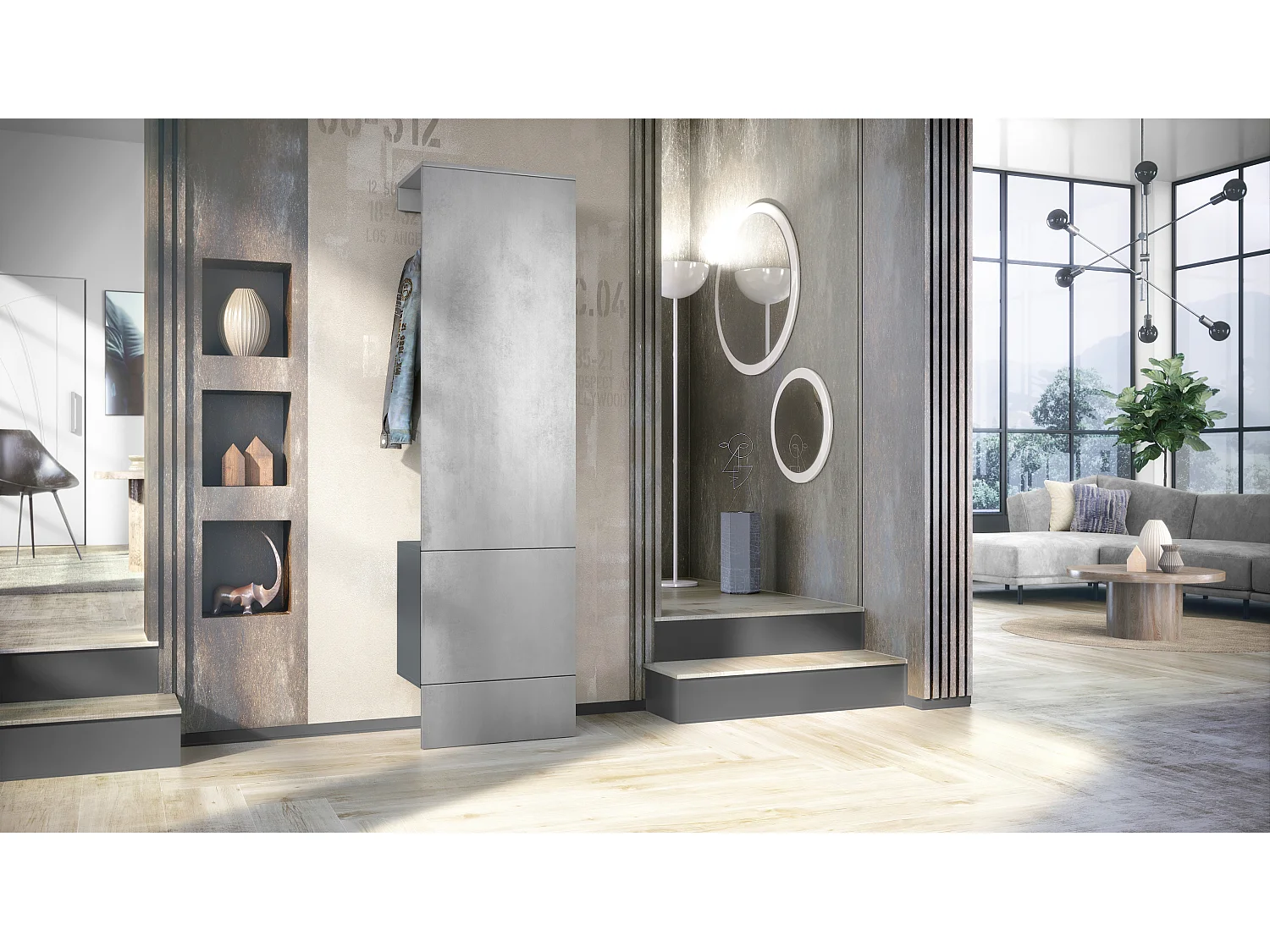 Penderie Carlton Set 5, Meuble d’entrée comprenant 1 panneau porte-manteau avec porte intégrée et 1 tringle, anthracite mat/aspect béton oxyde (52x193x35 cm)