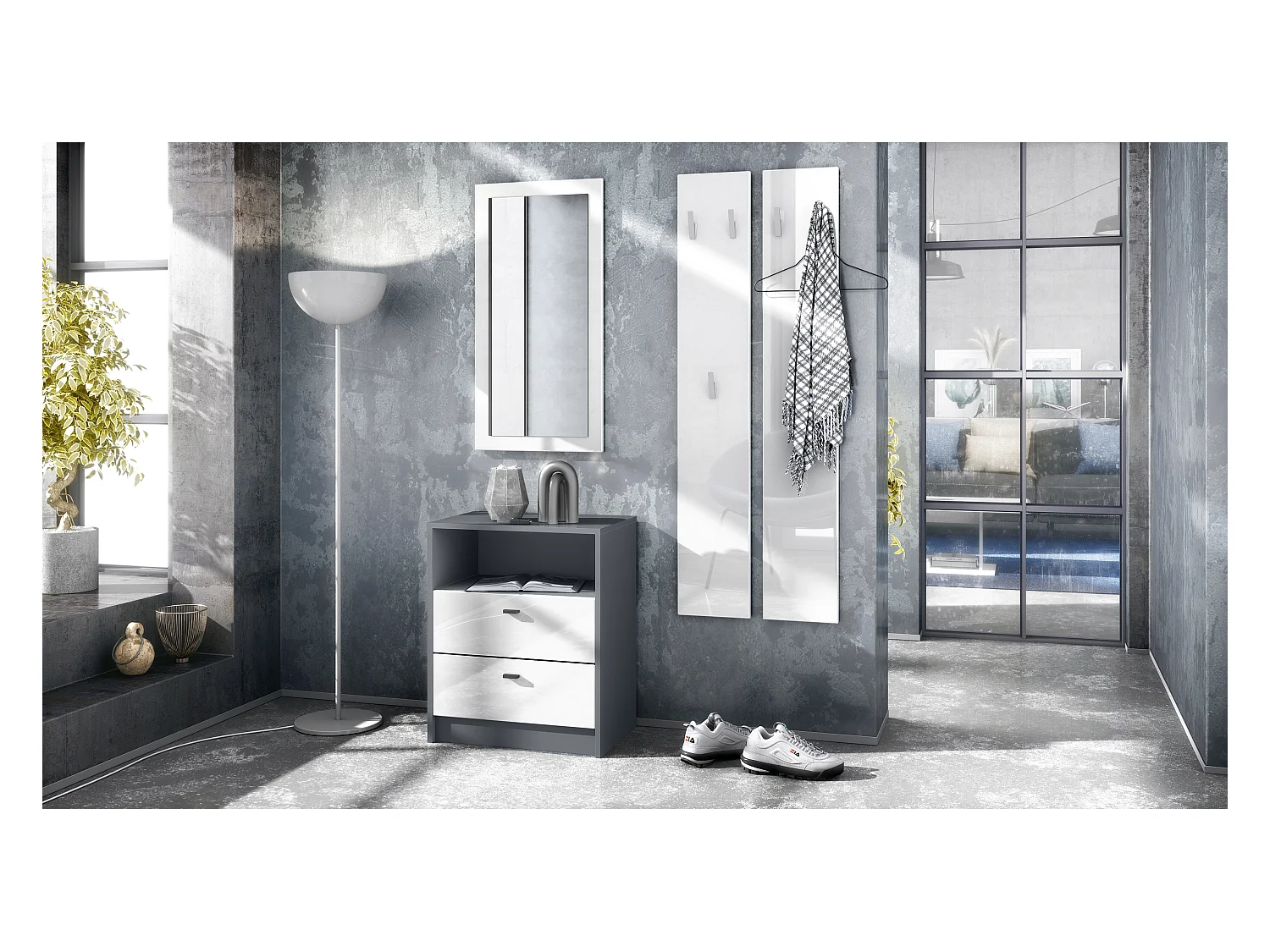 Ensemble de vestiaires Pino V1, 2 Panneaux muraux 140 cm et buffet avec 2 tiroirs & 1 compartiment ouvert, anthracite mat/Blanc brillant (56 x 67,5 x 36 cm)