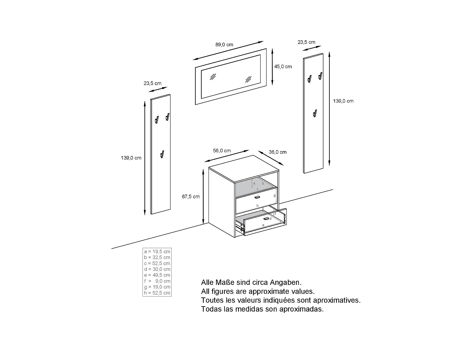 Ensemble de vestiaires Pino V1, 2 Panneaux muraux 140 cm et buffet avec 2 tiroirs & 1 compartiment ouvert, anthracite mat/Blanc brillant (56 x 67,5 x 36 cm)