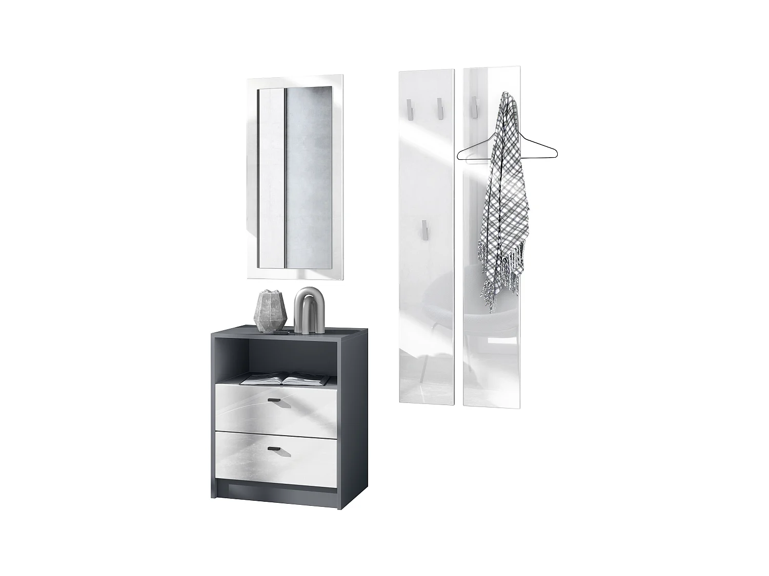 Ensemble de vestiaires Pino V1, 2 Panneaux muraux 140 cm et buffet avec 2 tiroirs & 1 compartiment ouvert, anthracite mat/Blanc brillant (56 x 67,5 x 36 cm)