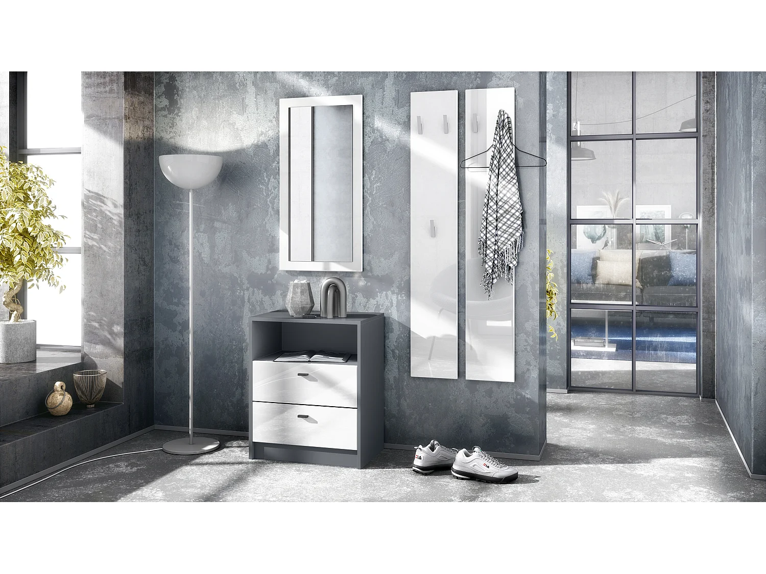 Ensemble de vestiaires Pino V1, 2 Panneaux muraux 140 cm et buffet avec 2 tiroirs & 1 compartiment ouvert, anthracite mat/Blanc brillant (56 x 67,5 x 36 cm)