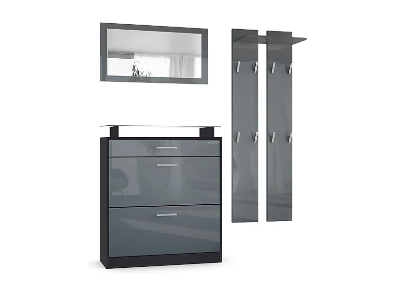 Penderie Loret Mini, Meuble d’entrée comprenant 1 commode à chaussures, 1 miroir mural et 2 panneaux porte-manteaux, Noir mat/Gris haute brillance