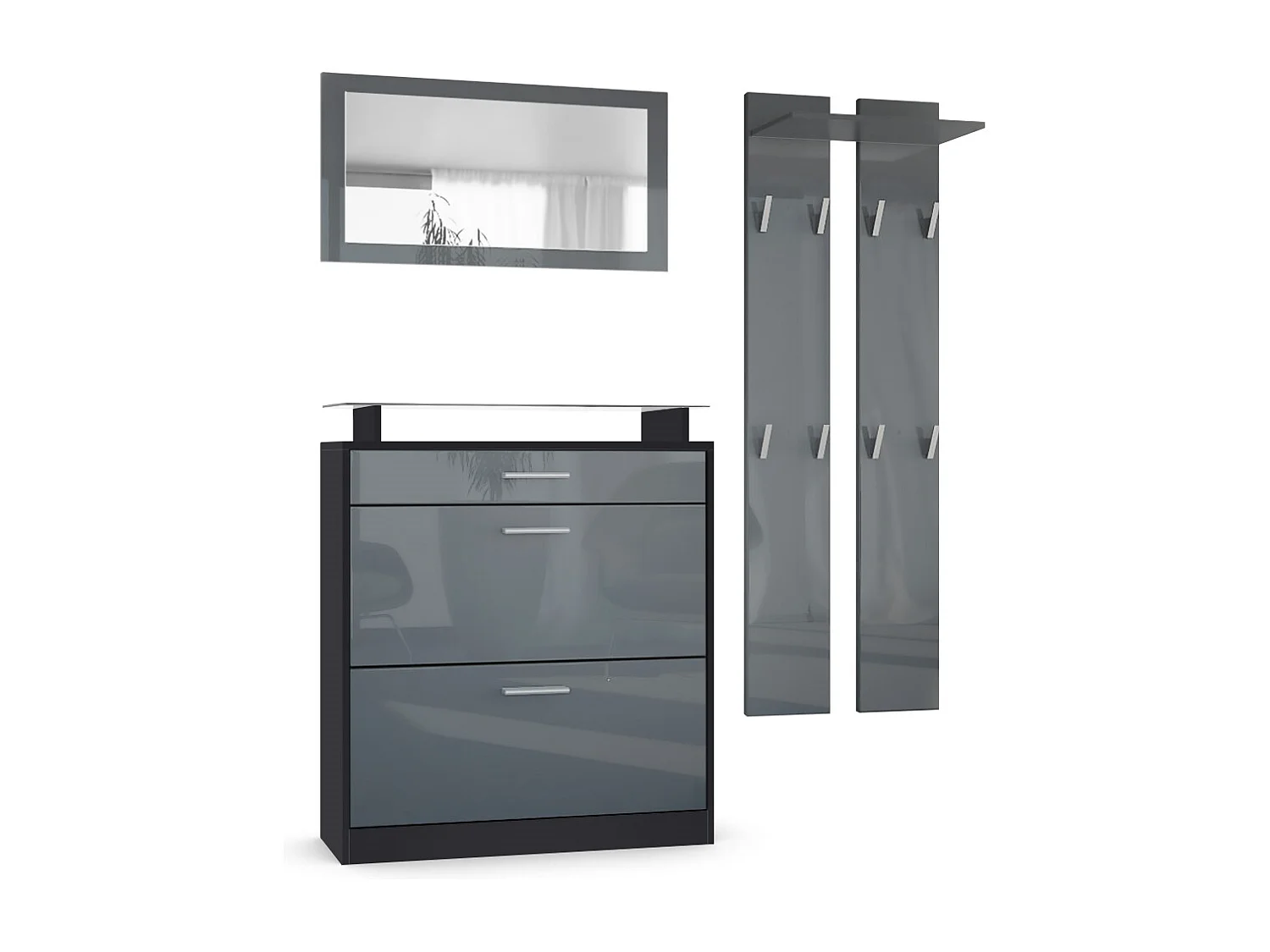 Penderie Loret Mini, Meuble d’entrée comprenant 1 commode à chaussures, 1 miroir mural et 2 panneaux porte-manteaux, Noir mat/Gris haute brillance