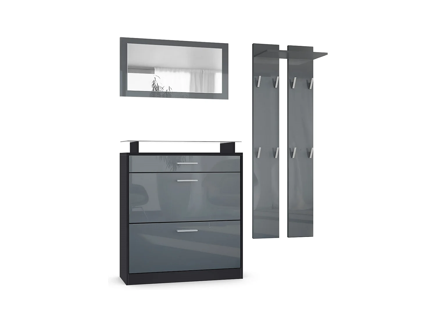 Penderie Loret Mini, Meuble d’entrée comprenant 1 commode à chaussures, 1 miroir mural et 2 panneaux porte-manteaux, Noir mat/Gris haute brillance