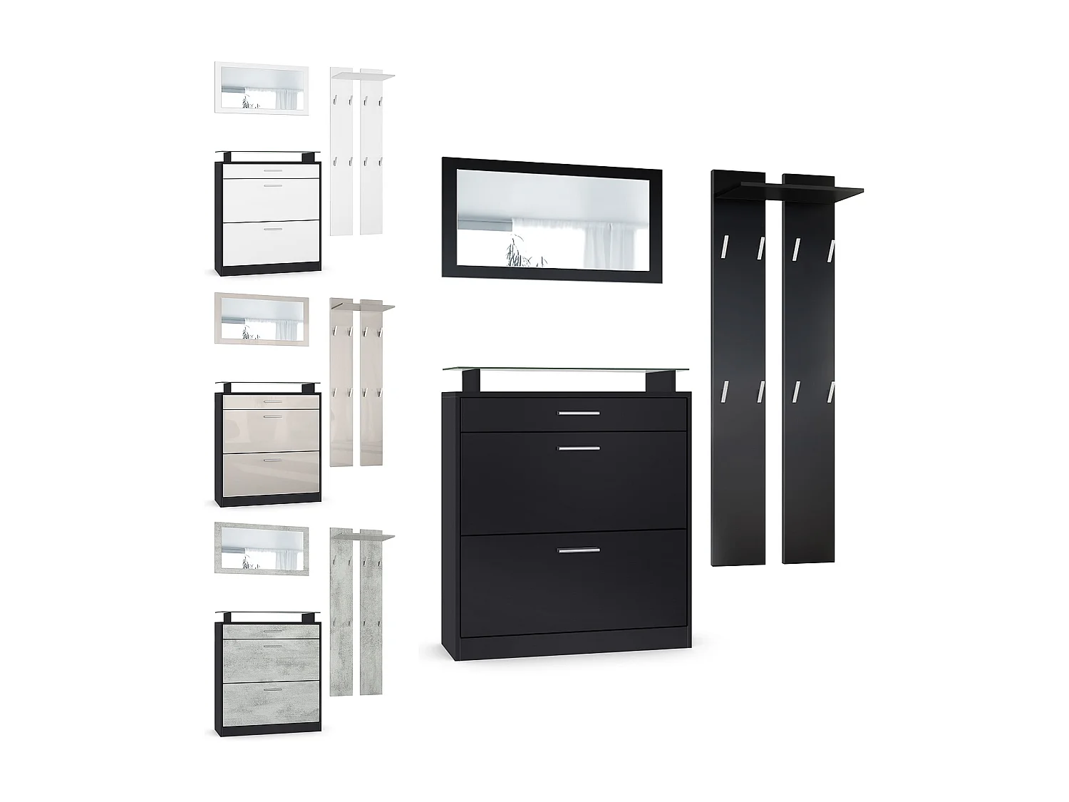 Penderie Loret Mini, Meuble d’entrée comprenant 1 commode à chaussures, 1 miroir mural et 2 panneaux porte-manteaux, Noir mat/Gris haute brillance