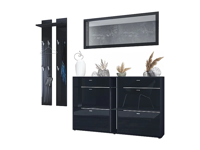 Ensemble vestiaire Orlando avec armoire à chaussures, panneau mural et miroir mural, noir mat/noir haute brillance