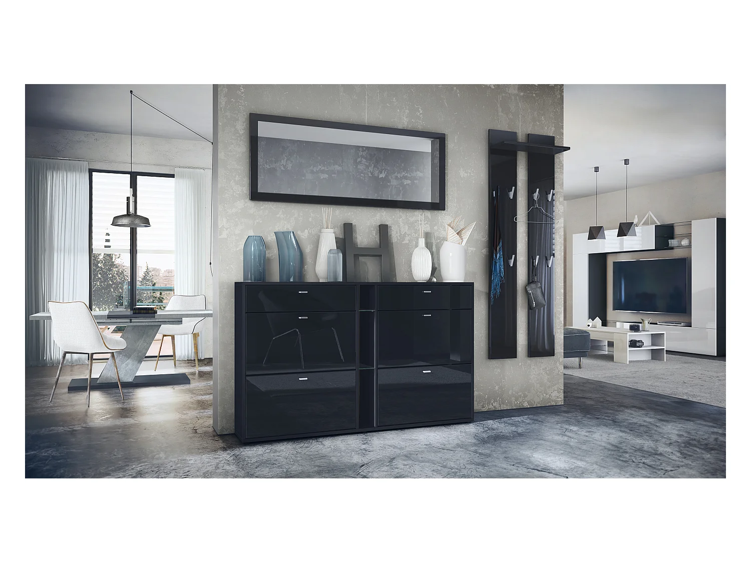 Ensemble vestiaire Orlando avec armoire à chaussures, panneau mural et miroir mural, noir mat/noir haute brillance