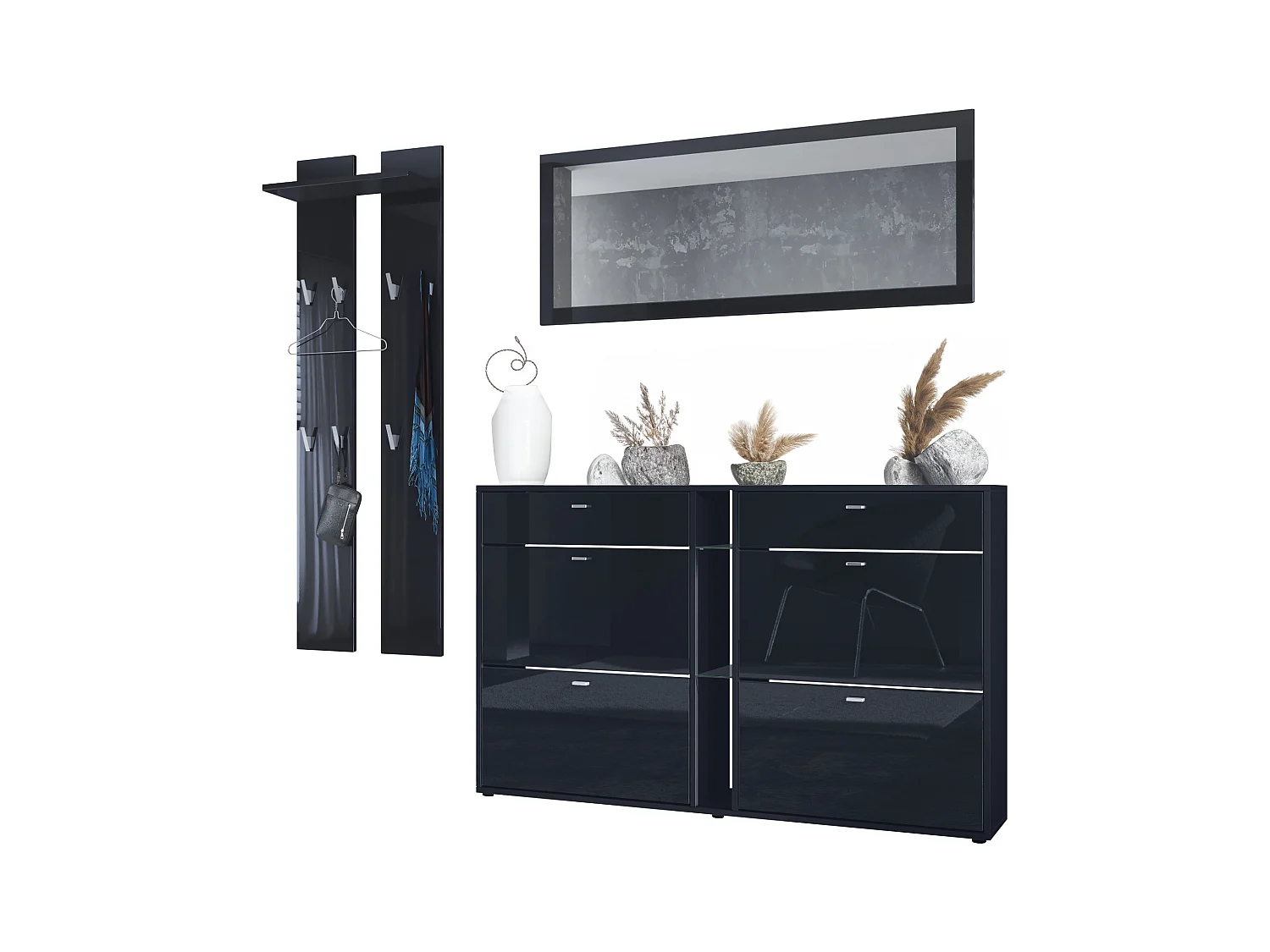 Ensemble vestiaire Orlando avec armoire à chaussures, panneau mural et miroir mural, noir mat/noir haute brillance