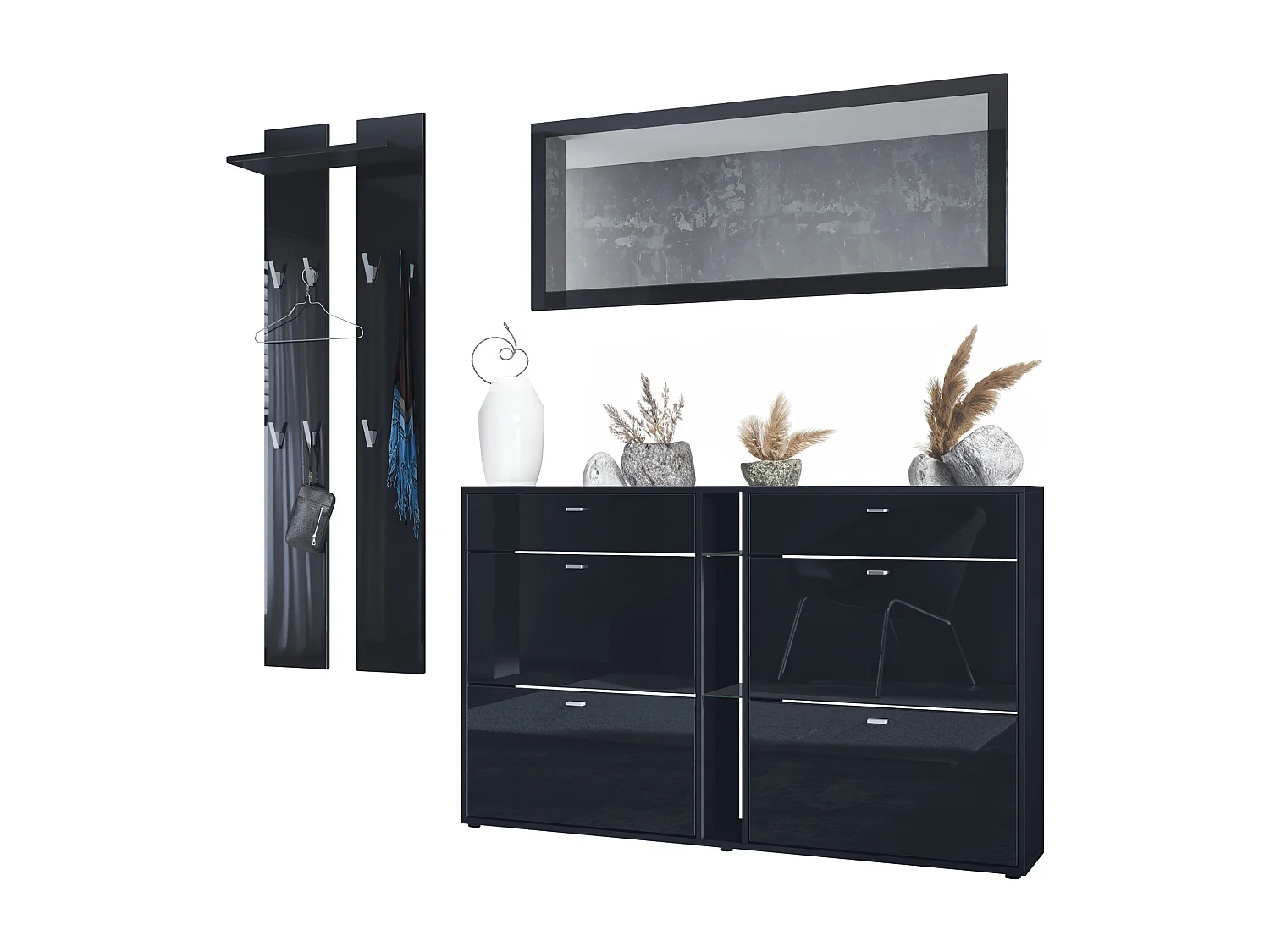Ensemble vestiaire Orlando avec armoire à chaussures, panneau mural et miroir mural, noir mat/noir haute brillance