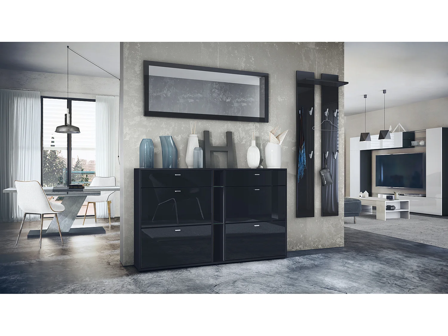 Ensemble vestiaire Orlando avec armoire à chaussures, panneau mural et miroir mural, noir mat/noir haute brillance