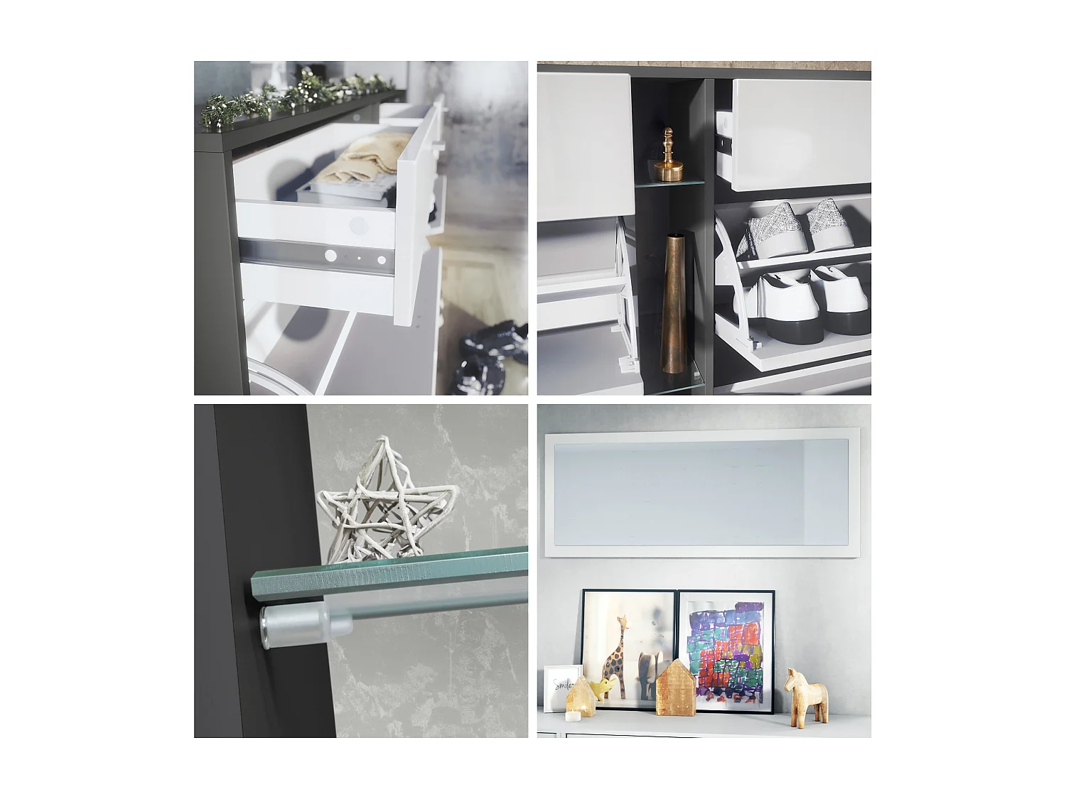 Ensemble vestiaire Orlando avec armoire à chaussures, panneau mural et miroir mural, noir mat/noir haute brillance