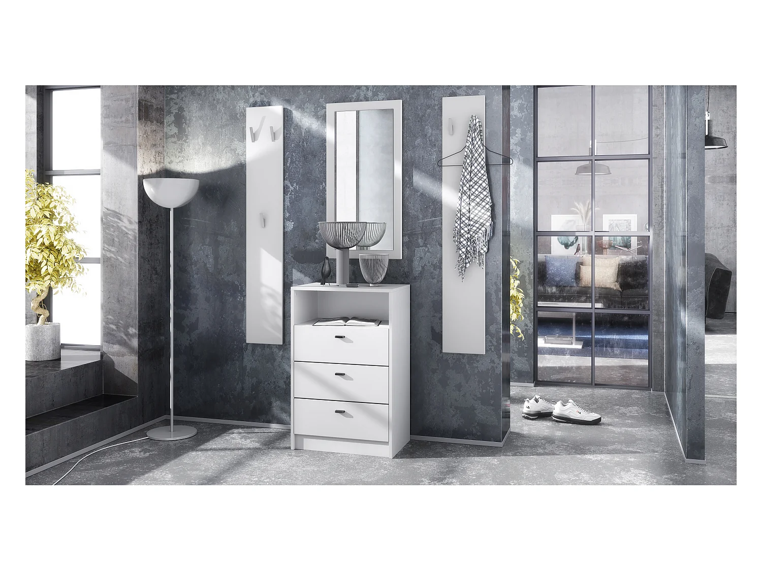 Ensemble de vestiaires Pino V2, 2 Panneaux muraux 140 cm et buffet avec 2 tiroirs & 1 compartiment ouvert, blanc mat/blanc mat (56 x 67,5 x 36 cm)