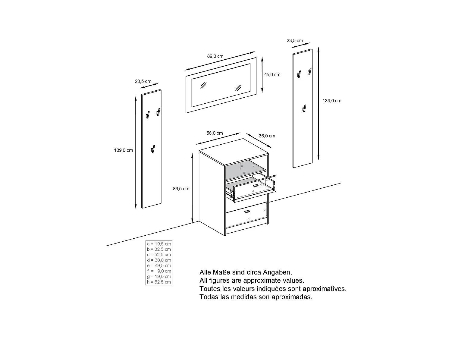 Ensemble de vestiaires Pino V2, 2 Panneaux muraux 140 cm et buffet avec 2 tiroirs & 1 compartiment ouvert, blanc mat/blanc mat (56 x 67,5 x 36 cm)