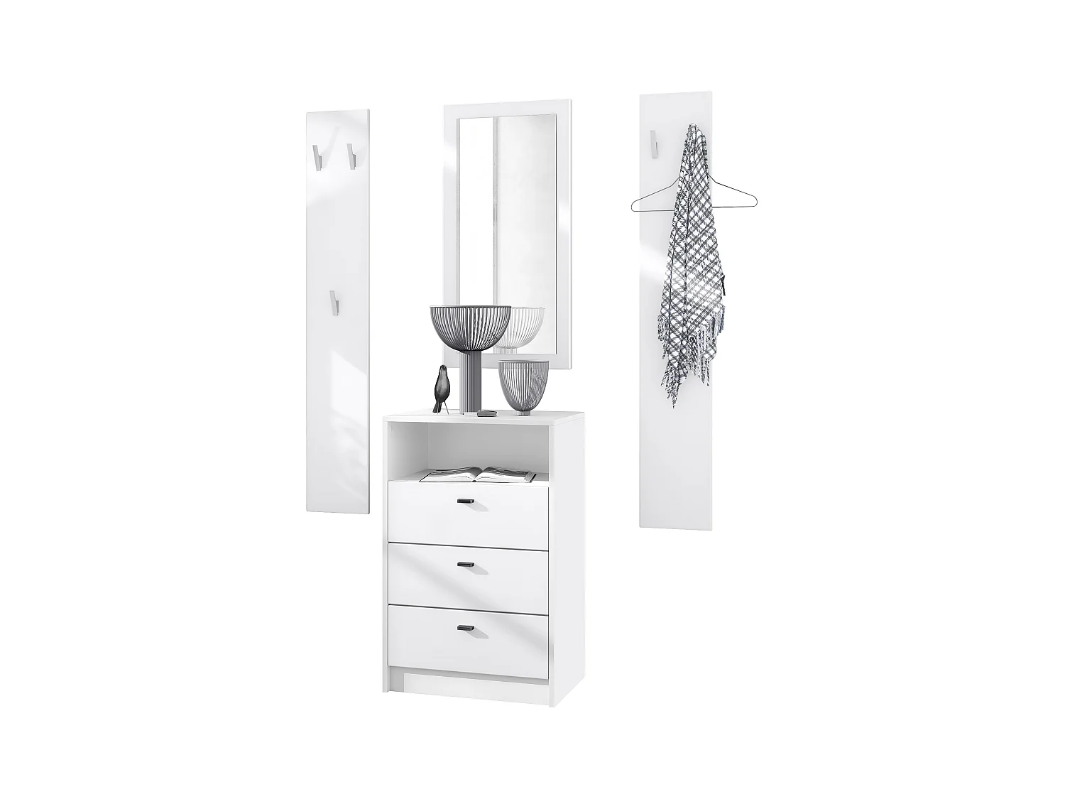 Ensemble de vestiaires Pino V2, 2 Panneaux muraux 140 cm et buffet avec 2 tiroirs & 1 compartiment ouvert, blanc mat/blanc mat (56 x 67,5 x 36 cm)