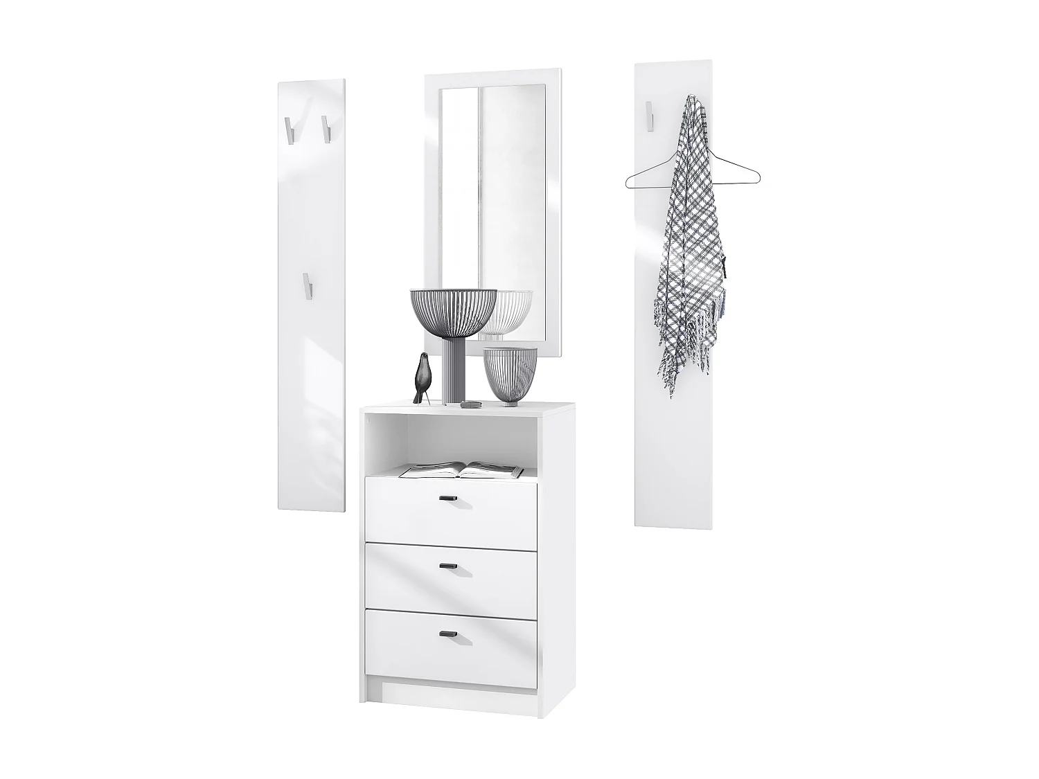 Ensemble de vestiaires Pino V2, 2 Panneaux muraux 140 cm et buffet avec 2 tiroirs & 1 compartiment ouvert, blanc mat/blanc mat (56 x 67,5 x 36 cm)