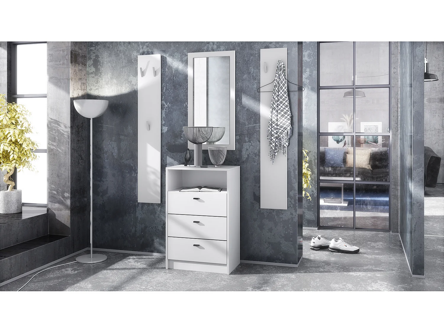 Ensemble de vestiaires Pino V2, 2 Panneaux muraux 140 cm et buffet avec 2 tiroirs & 1 compartiment ouvert, blanc mat/blanc mat (56 x 67,5 x 36 cm)