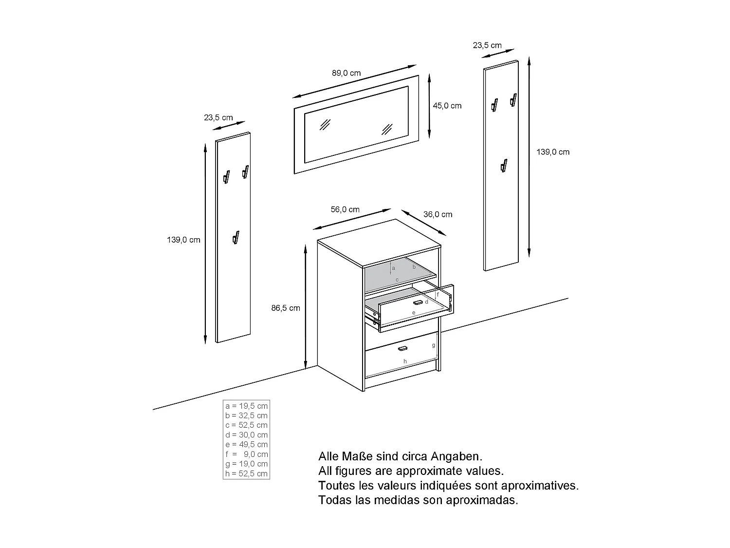 Ensemble de vestiaires Pino V2, 2 Panneaux muraux 140 cm et buffet avec 2 tiroirs & 1 compartiment ouvert, blanc mat/blanc mat (56 x 67,5 x 36 cm)