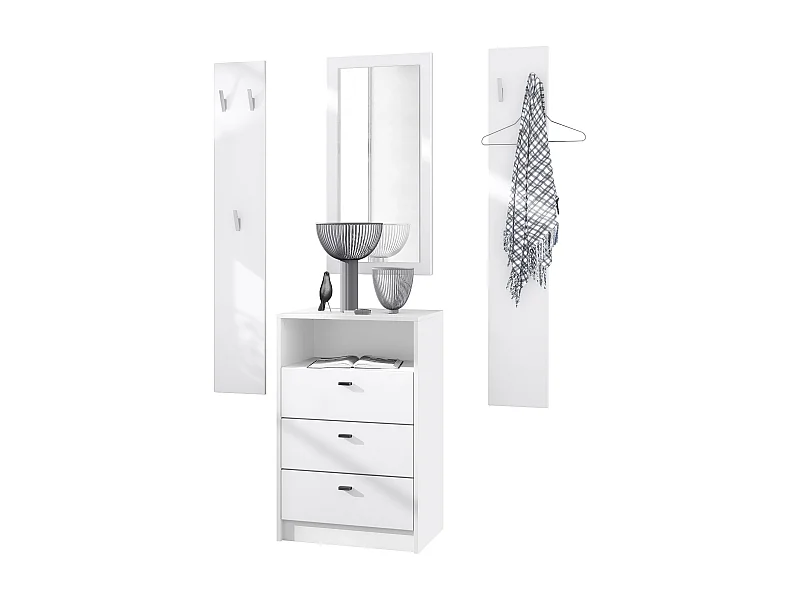 Ensemble de vestiaires Pino V2, 2 Panneaux muraux 140 cm et buffet avec 2 tiroirs & 1 compartiment ouvert, blanc mat/blanc mat (56 x 67,5 x 36 cm)