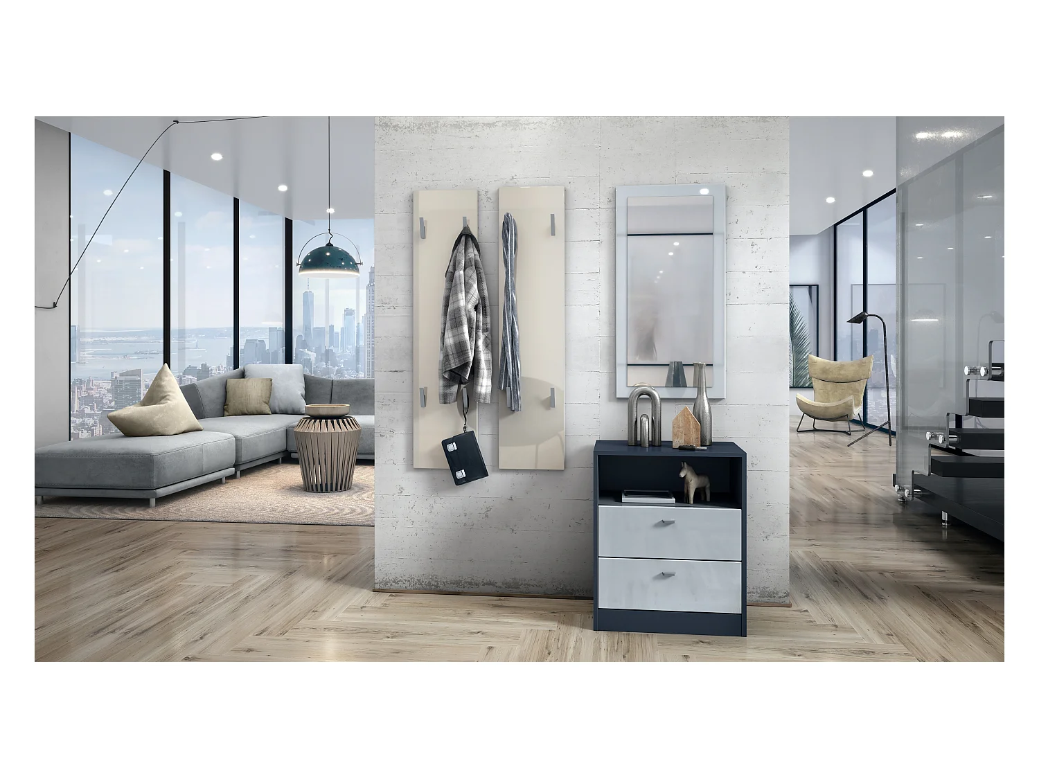 Vladon Perchero de pared 120, Perchero compuesto por 2 Paneles, Crema de alto brillo (cada uno: 28 x 120 x 2 cm)