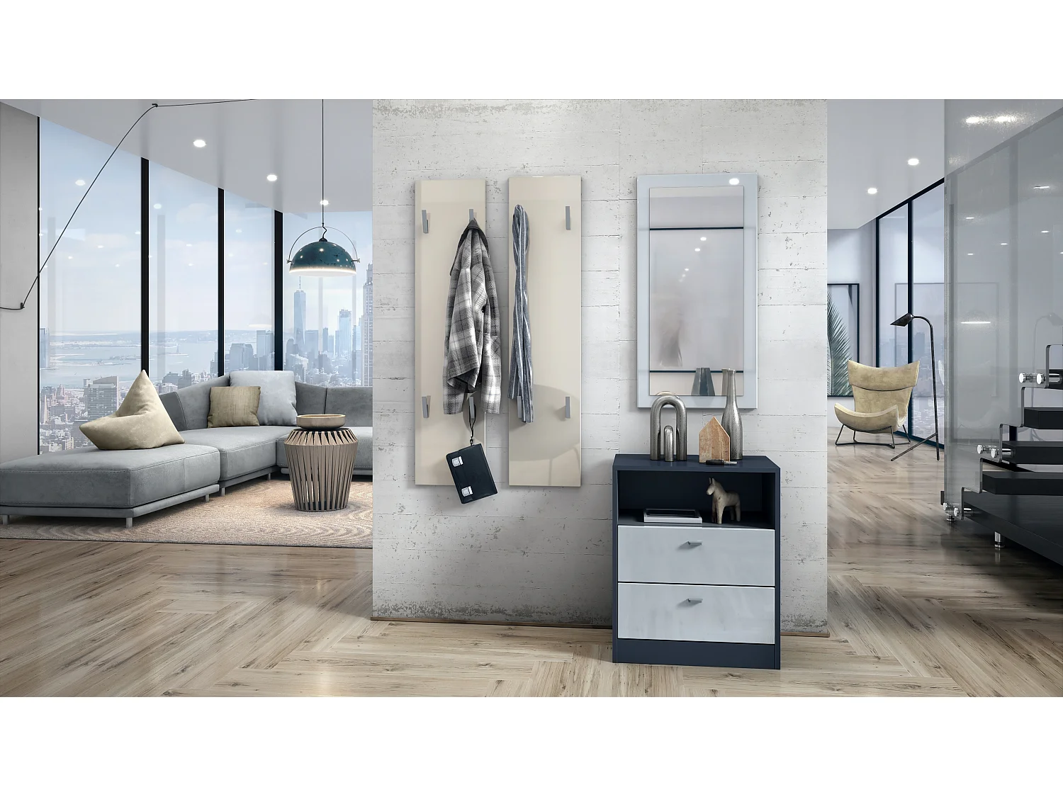 Panneau mural 120, Panneau de porte-manteau comprenant 2 panneaux, Crème haute brillance (28 x 120 x 2 cm chacun)