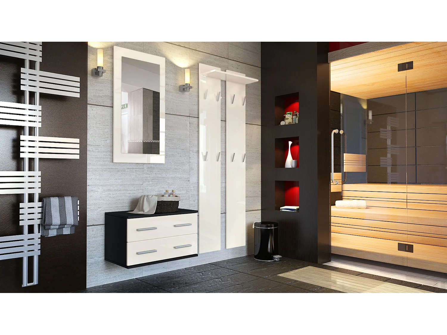 Ensemble de meubles d'entrée Kioto, Corps en Noir mat / Façades en Crème haute brillance