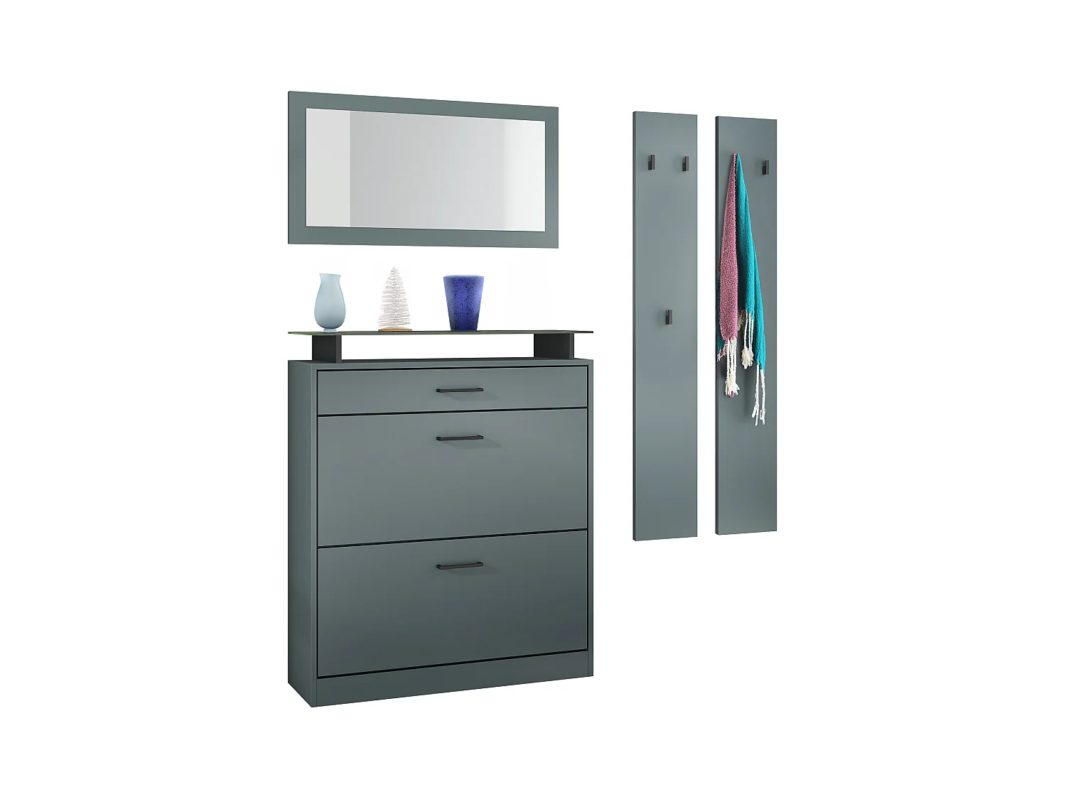 Ensemble d'Entrée Enigma, Composé d'un Meuble à Chaussures, d'un Miroir Mural et de 2 Panneaux Porte-Manteaux Fjord vert