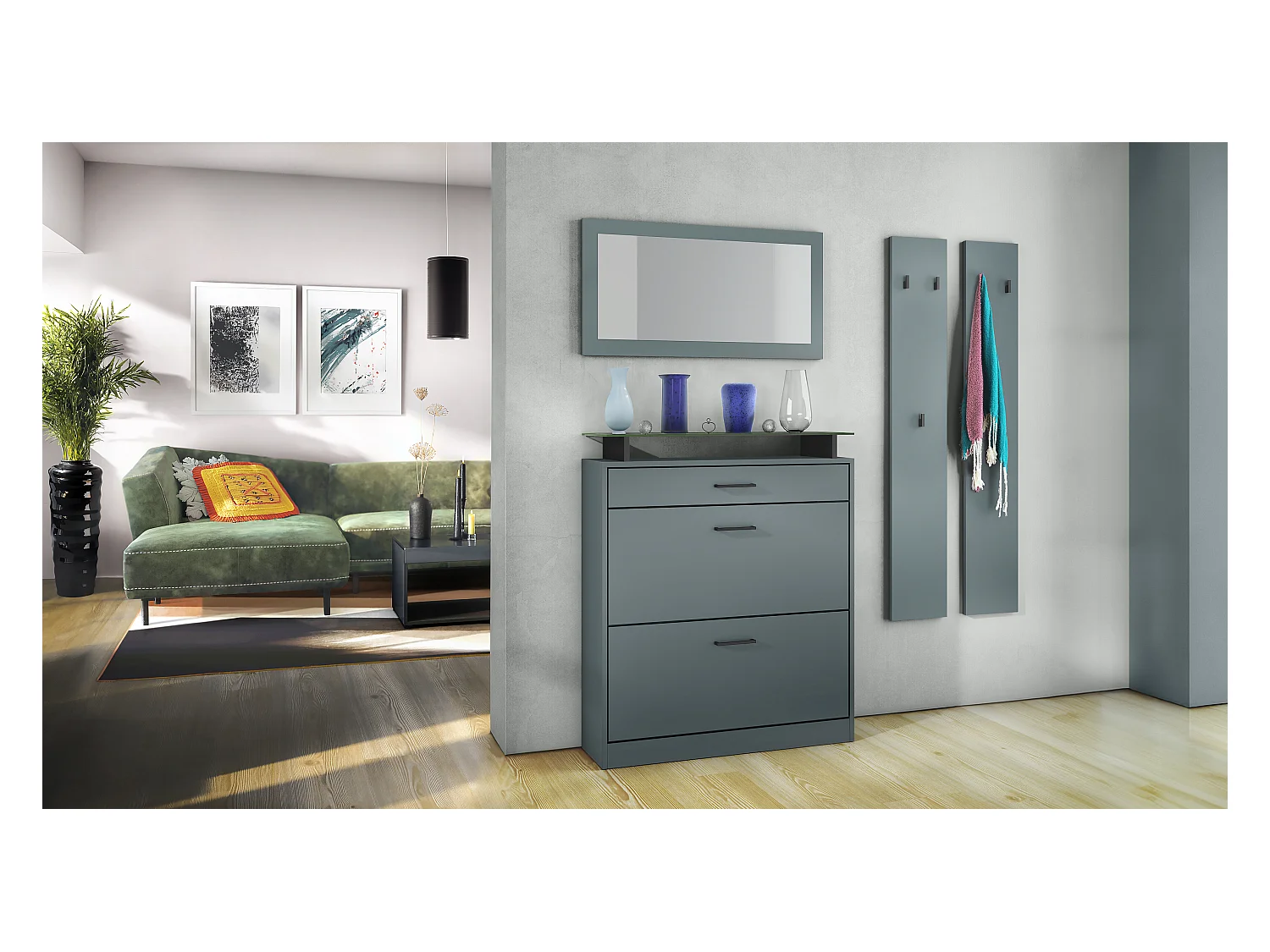 Ensemble d'Entrée Enigma, Composé d'un Meuble à Chaussures, d'un Miroir Mural et de 2 Panneaux Porte-Manteaux Fjord vert