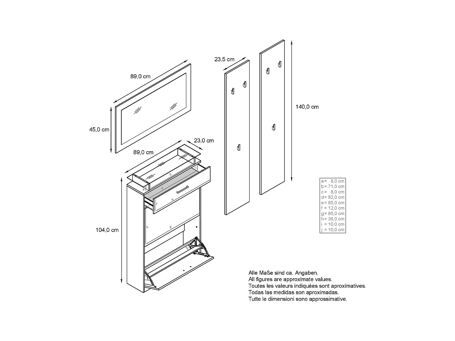 Ensemble d'Entrée Enigma, Composé d'un Meuble à Chaussures, d'un Miroir Mural et de 2 Panneaux Porte-Manteaux Fjord vert