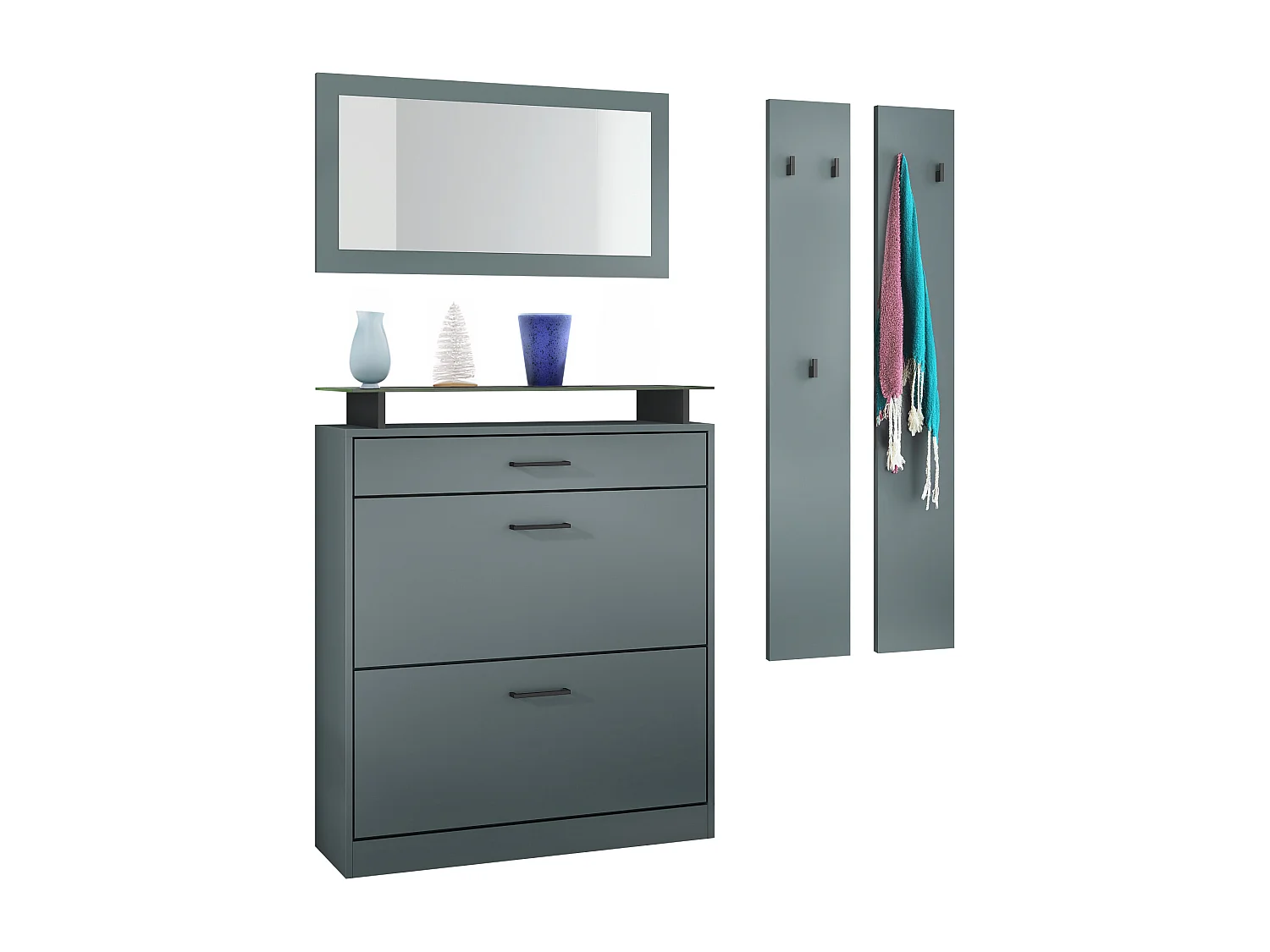 Ensemble d'Entrée Enigma, Composé d'un Meuble à Chaussures, d'un Miroir Mural et de 2 Panneaux Porte-Manteaux Fjord vert