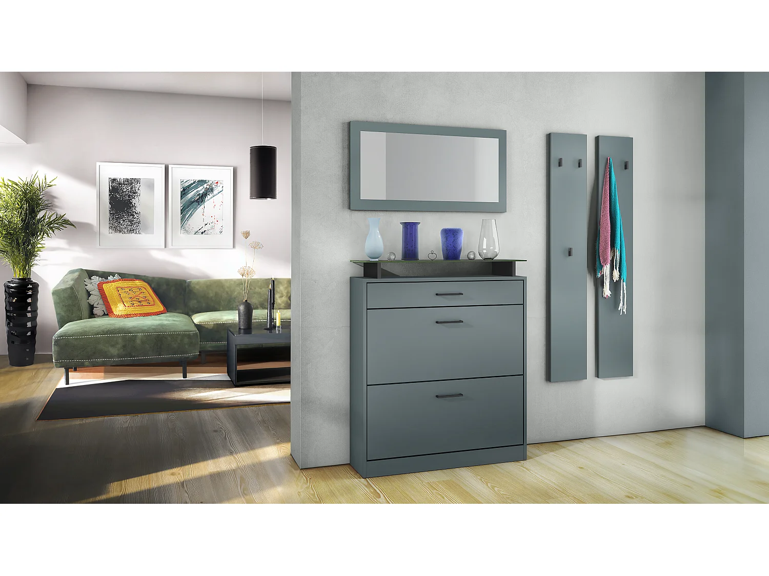 Ensemble d'Entrée Enigma, Composé d'un Meuble à Chaussures, d'un Miroir Mural et de 2 Panneaux Porte-Manteaux Fjord vert