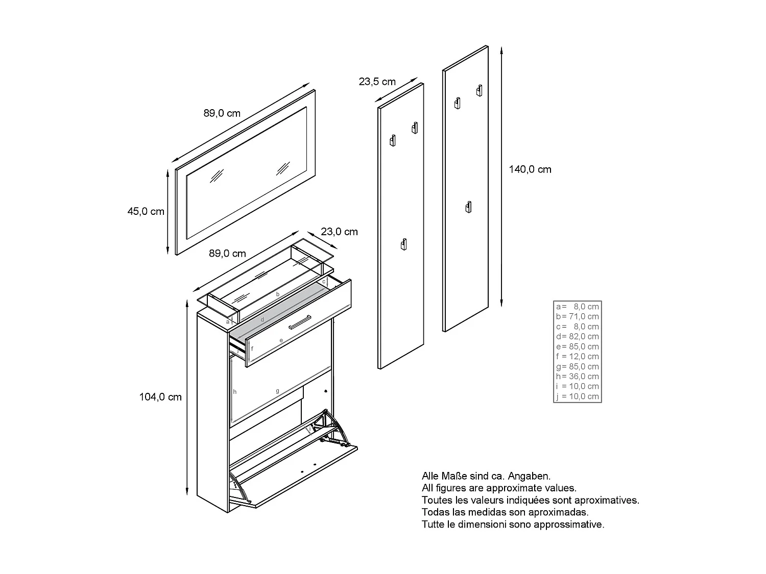 Ensemble d'Entrée Enigma, Composé d'un Meuble à Chaussures, d'un Miroir Mural et de 2 Panneaux Porte-Manteaux Fjord vert
