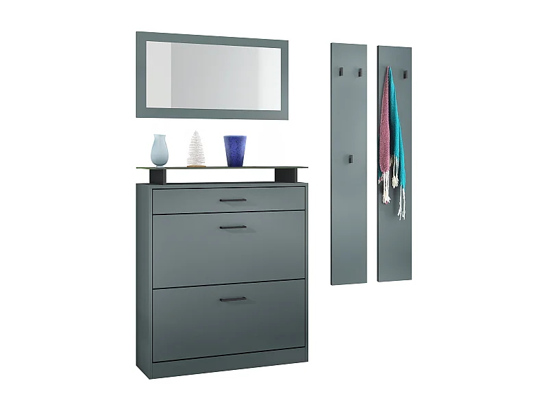 Ensemble d'Entrée Enigma, Composé d'un Meuble à Chaussures, d'un Miroir Mural et de 2 Panneaux Porte-Manteaux Fjord vert