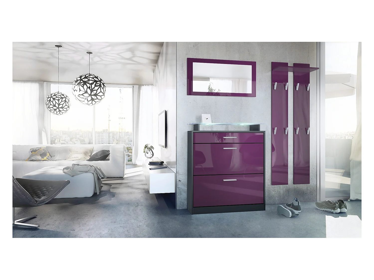 Loret Ensemble penderie, meuble à chaussures 89 x 104 x 23 cm avec miroir, 2 panneaux murales et éclairage LED Blanc, Anthracite mat & Mûre haute brillance