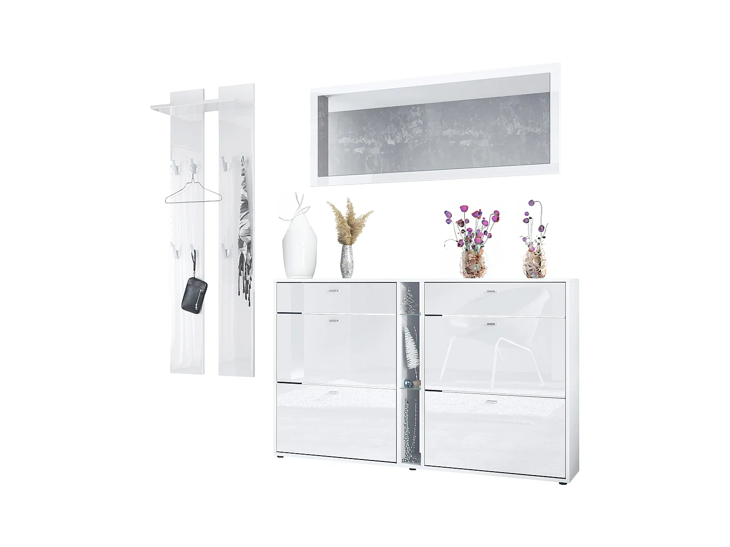 Ensemble vestiaire Orlando avec armoire à chaussures, panneau mural et miroir mural, blanc mat/blanc haute brillance