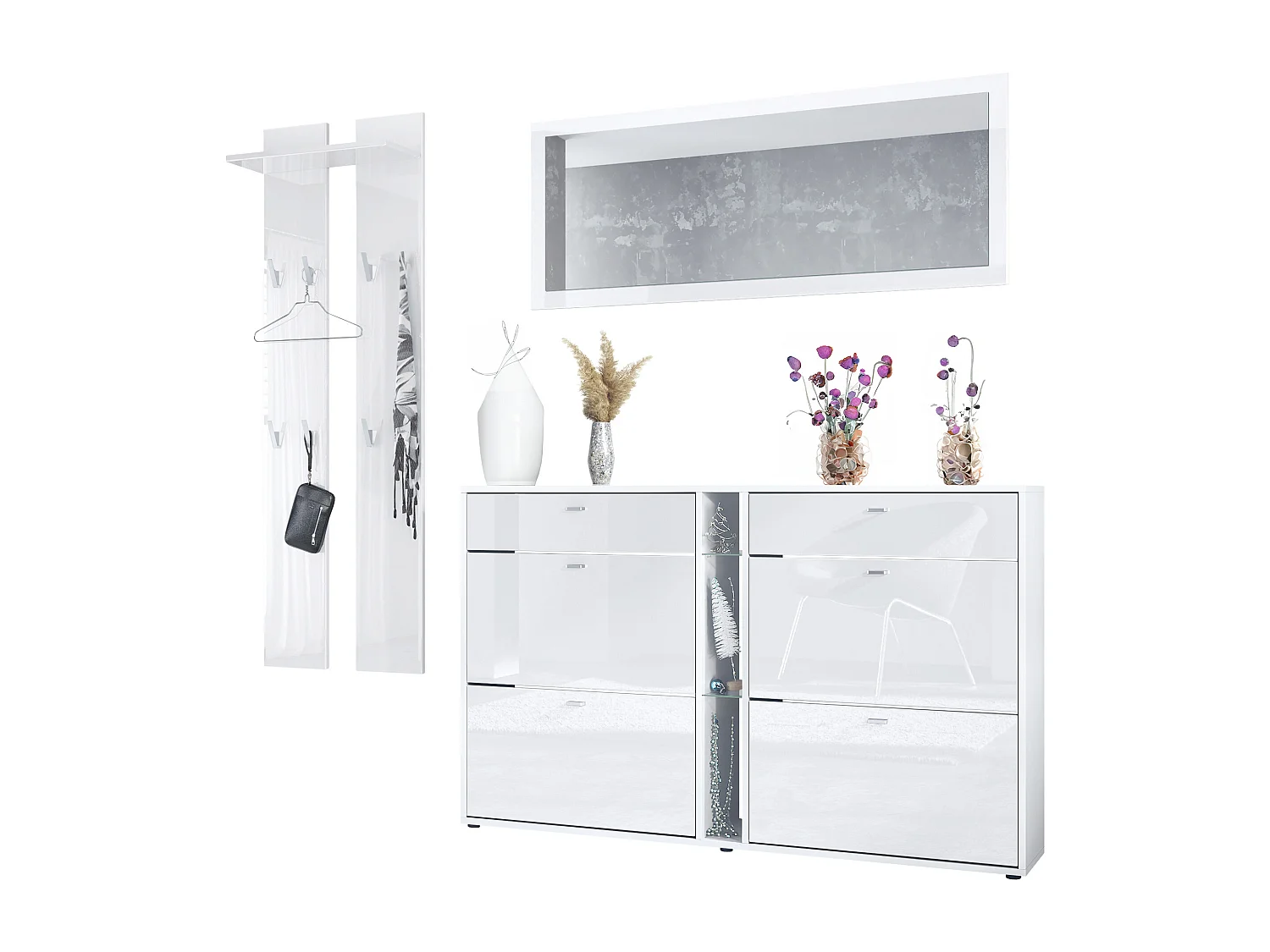 Ensemble vestiaire Orlando avec armoire à chaussures, panneau mural et miroir mural, blanc mat/blanc haute brillance