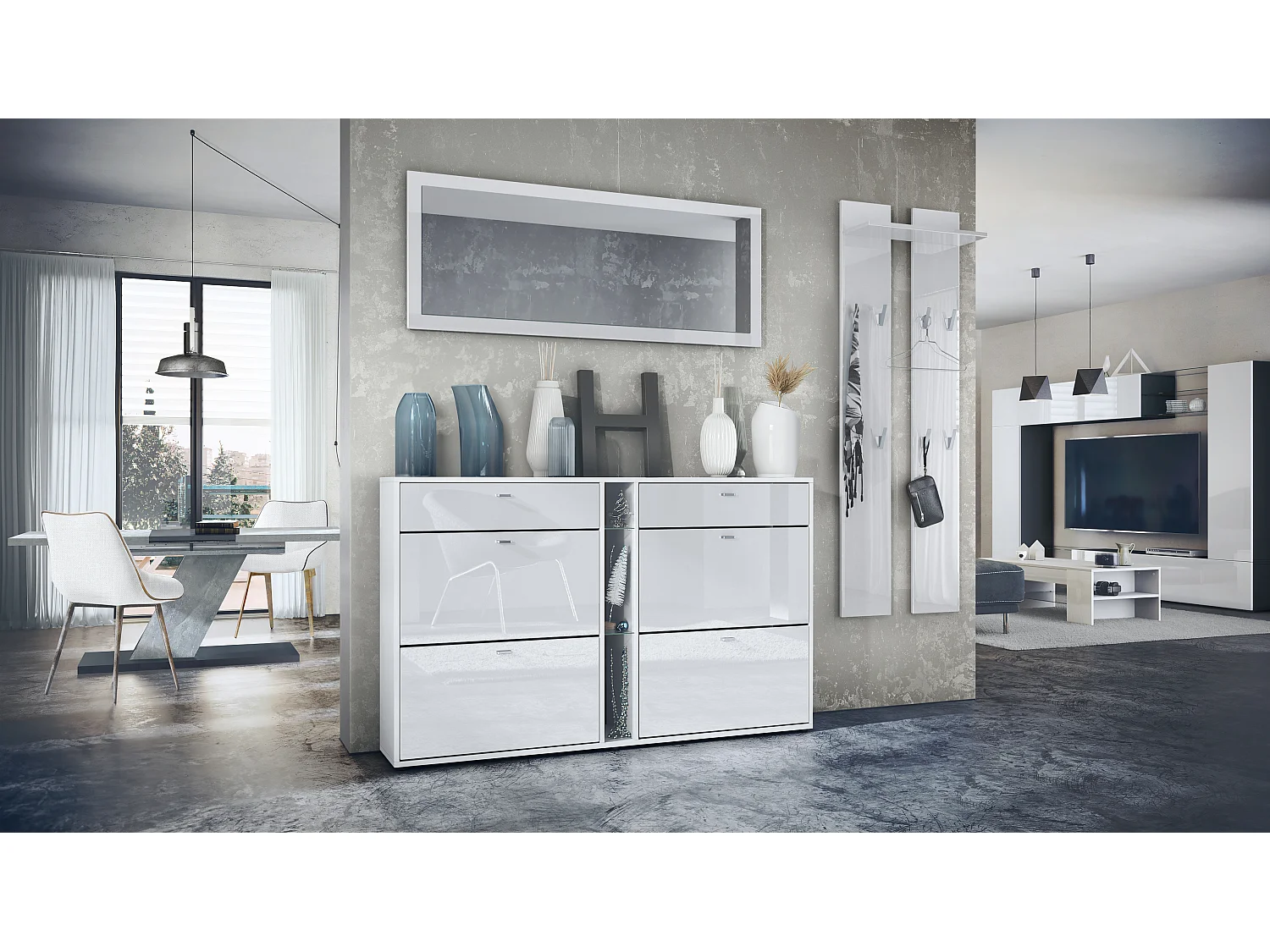 Ensemble vestiaire Orlando avec armoire à chaussures, panneau mural et miroir mural, blanc mat/blanc haute brillance