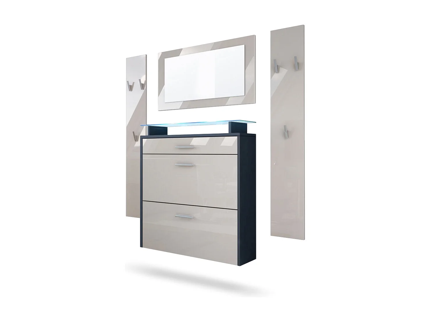 Malea Hallway Storage Set, Set da ingresso con 1 scarpiera a muro, 1 specchio a muro e 2 pannelli appendiabiti, antracite/ grigio sabbia lucido