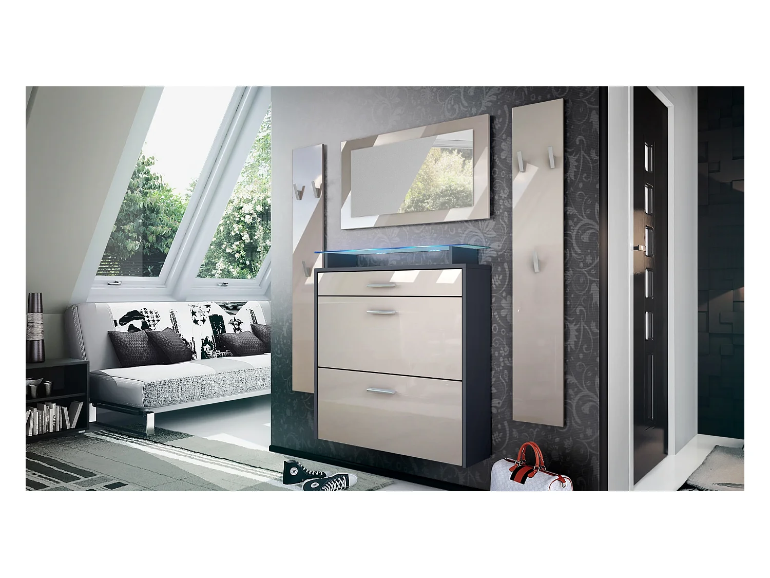 Malea Hallway Storage Set, Set da ingresso con 1 scarpiera a muro, 1 specchio a muro e 2 pannelli appendiabiti, antracite/ grigio sabbia lucido