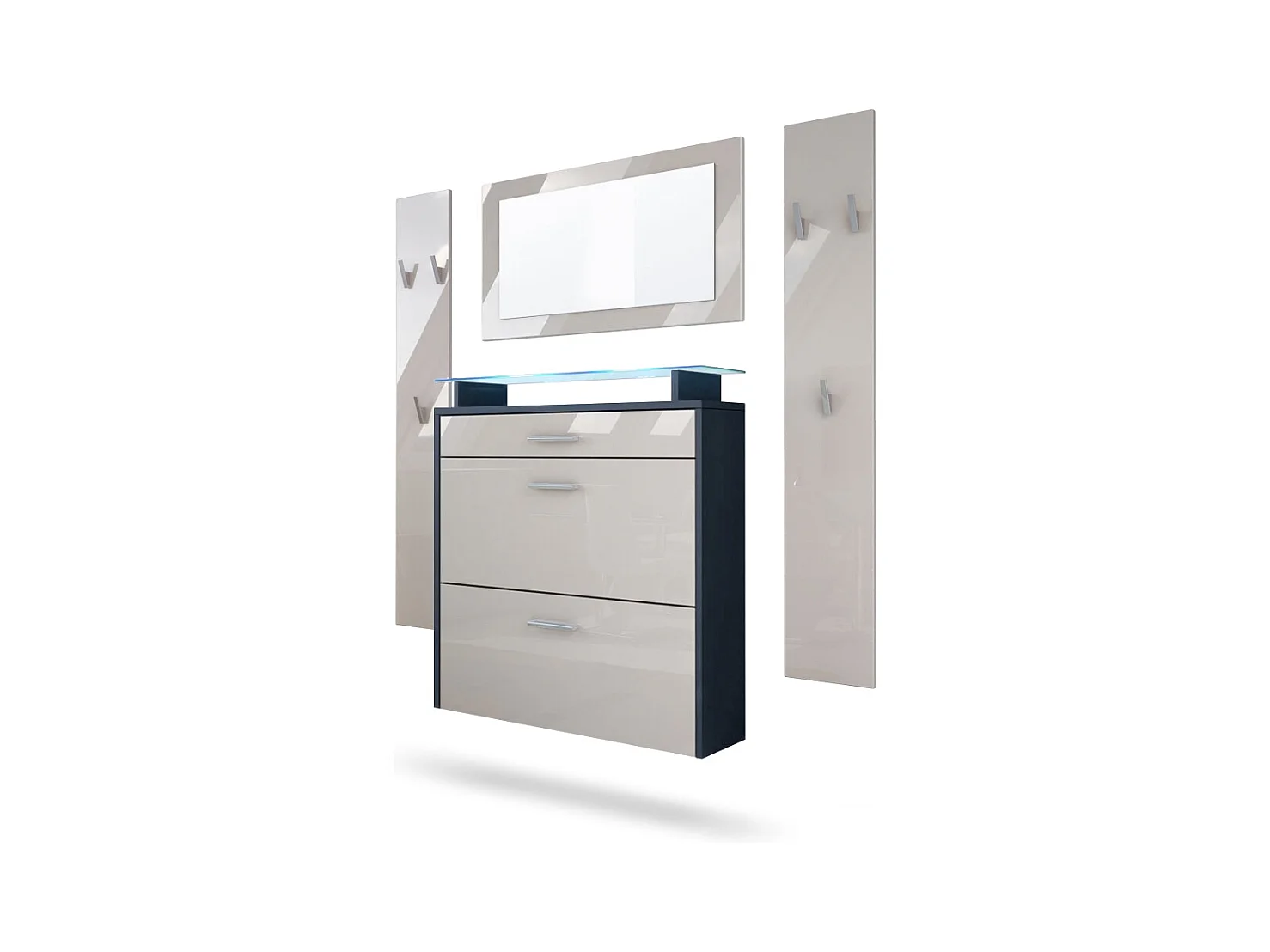 Penderie Malea, Meuble d’entrée comprenant 1 commode à chaussures, 1 miroir et 2 panneaux porte-manteaux, Anthracite mat/Gris sable brillant, LED bleu inclus