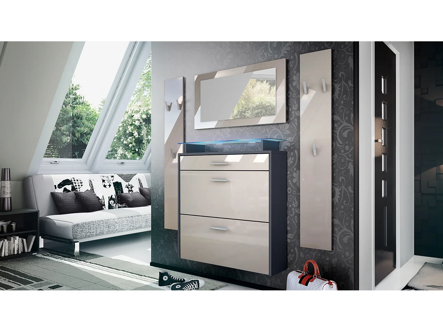 Penderie Malea, Meuble d’entrée comprenant 1 commode à chaussures, 1 miroir et 2 panneaux porte-manteaux, Anthracite mat/Gris sable brillant, LED bleu inclus