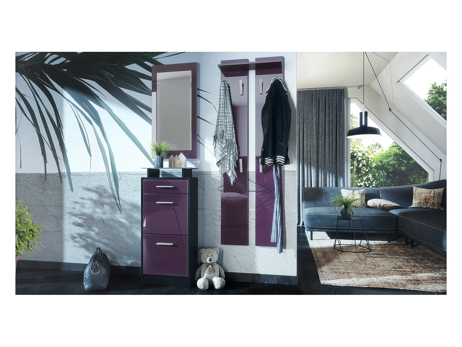 Ensemble de meubles d'entrée Loret V2 Mini, Corps en Noir mat / Façades en Mûre haute brillance