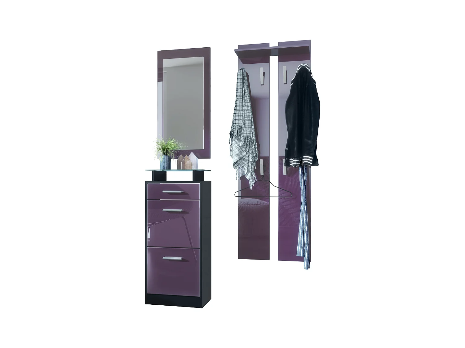 Ensemble de meubles d'entrée Loret V2 Mini, Corps en Noir mat / Façades en Mûre haute brillance