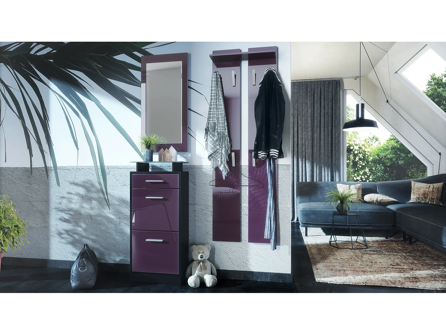 Ensemble de meubles d'entrée Loret V2 Mini, Corps en Noir mat / Façades en Mûre haute brillance