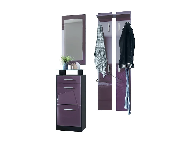 Ensemble de meubles d'entrée Loret V2 Mini, Corps en Noir mat / Façades en Mûre haute brillance