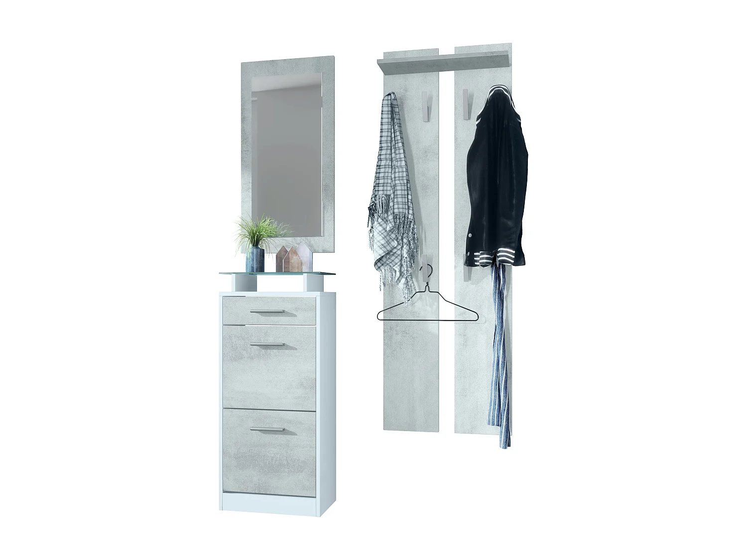 Ensemble de meubles d'entrée Loret V2 Mini, Corps en Blanc mat / Façades en Aspect Béton Oxyde