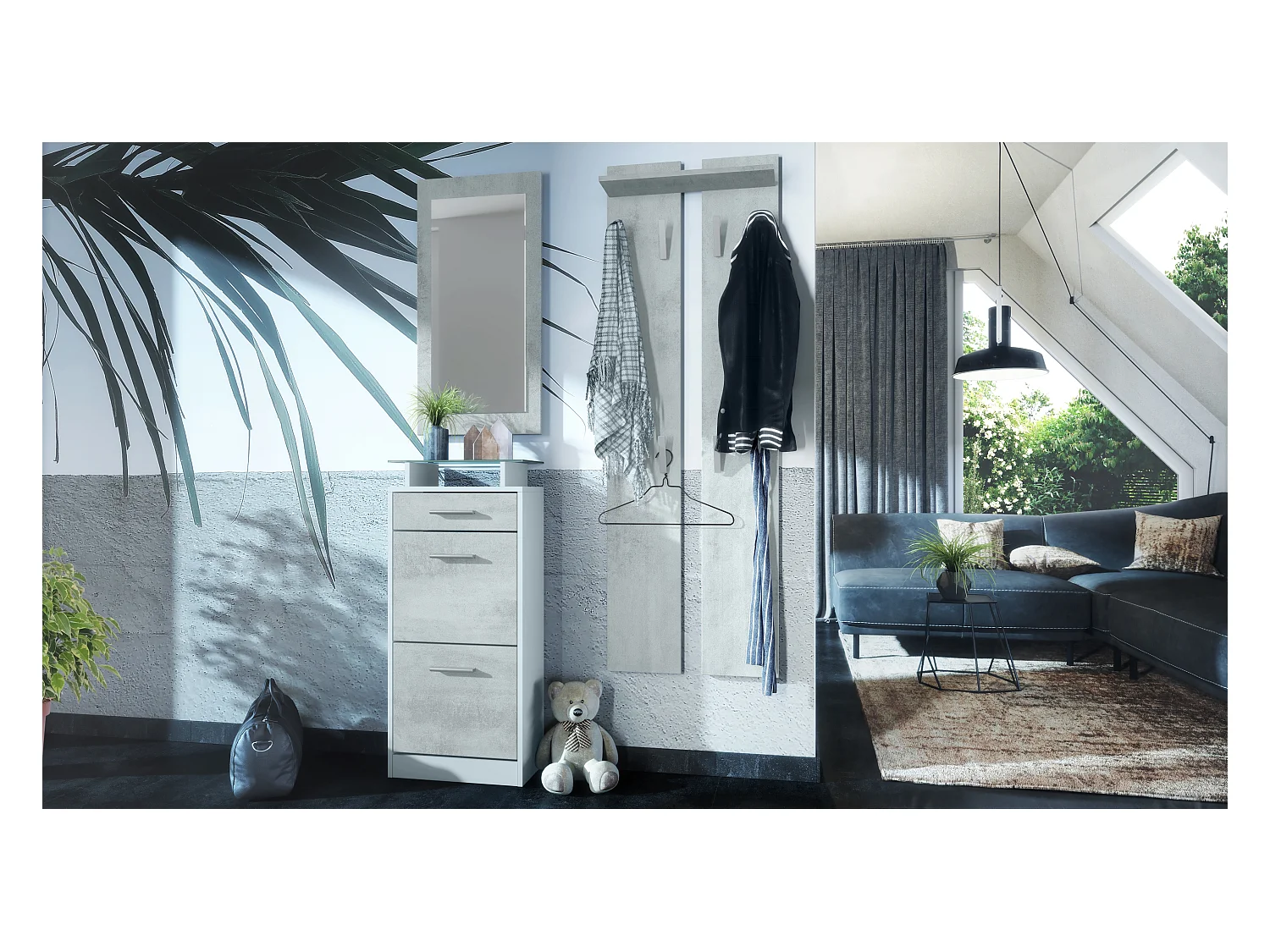 Ensemble de meubles d'entrée Loret V2 Mini, Corps en Blanc mat / Façades en Aspect Béton Oxyde