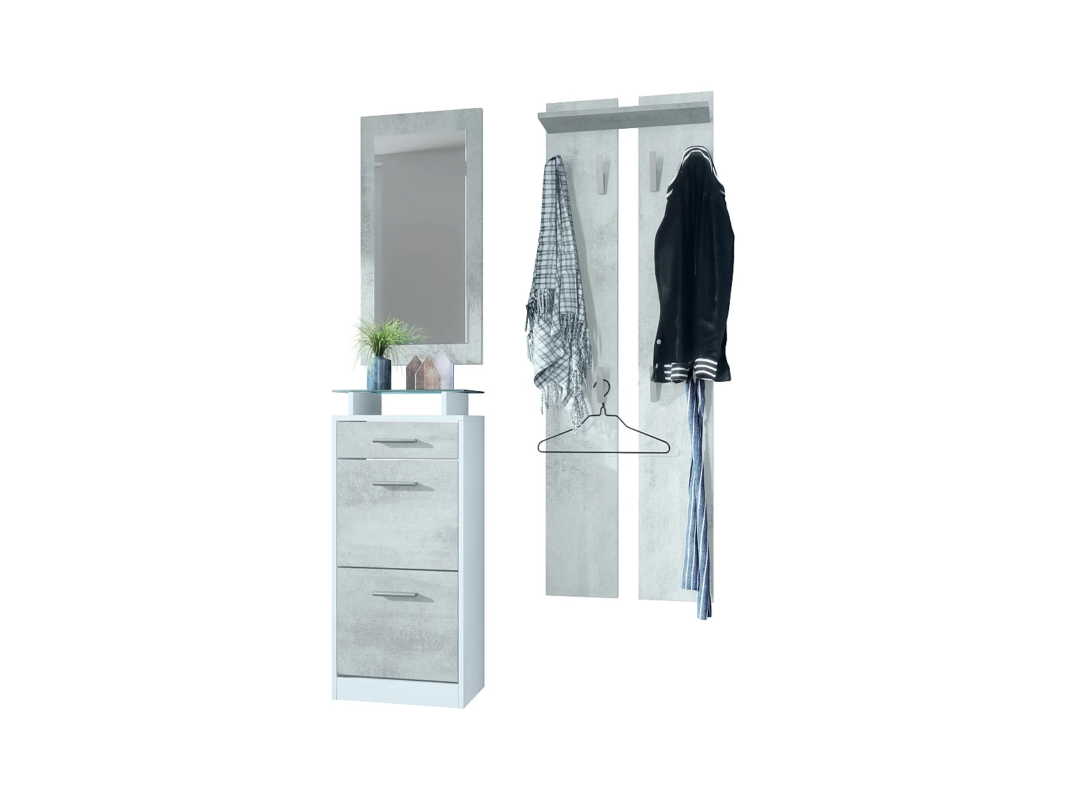 Ensemble de meubles d'entrée Loret V2 Mini, Corps en Blanc mat / Façades en Aspect Béton Oxyde