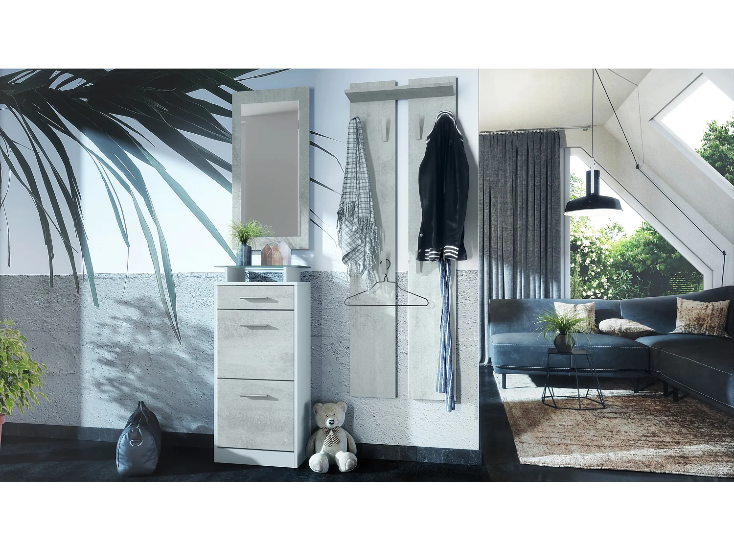 Ensemble de meubles d'entrée Loret V2 Mini, Corps en Blanc mat / Façades en Aspect Béton Oxyde