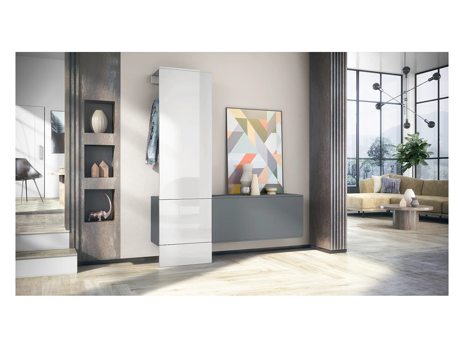 Penderie Carlton Set 4, Meuble d’entrée comprenant 1 panneau porte-manteaux, 1 module de commode, anthracite mat/blanc haute brillance (156,5 x 193 x 35 cm)