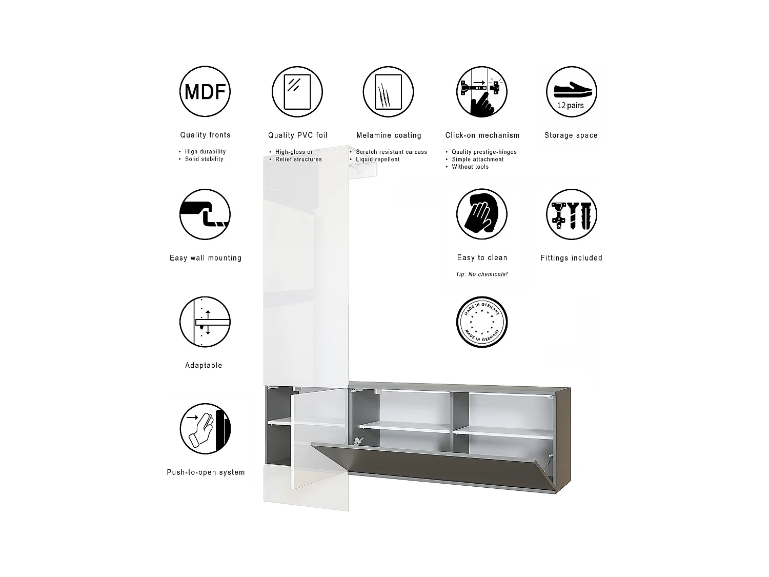 Penderie Carlton Set 4, Meuble d’entrée comprenant 1 panneau porte-manteaux, 1 module de commode, anthracite mat/blanc haute brillance (156,5 x 193 x 35 cm)